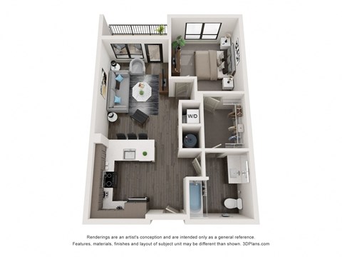 Floor plan for 1 bed, 1 bath, 682 sqft